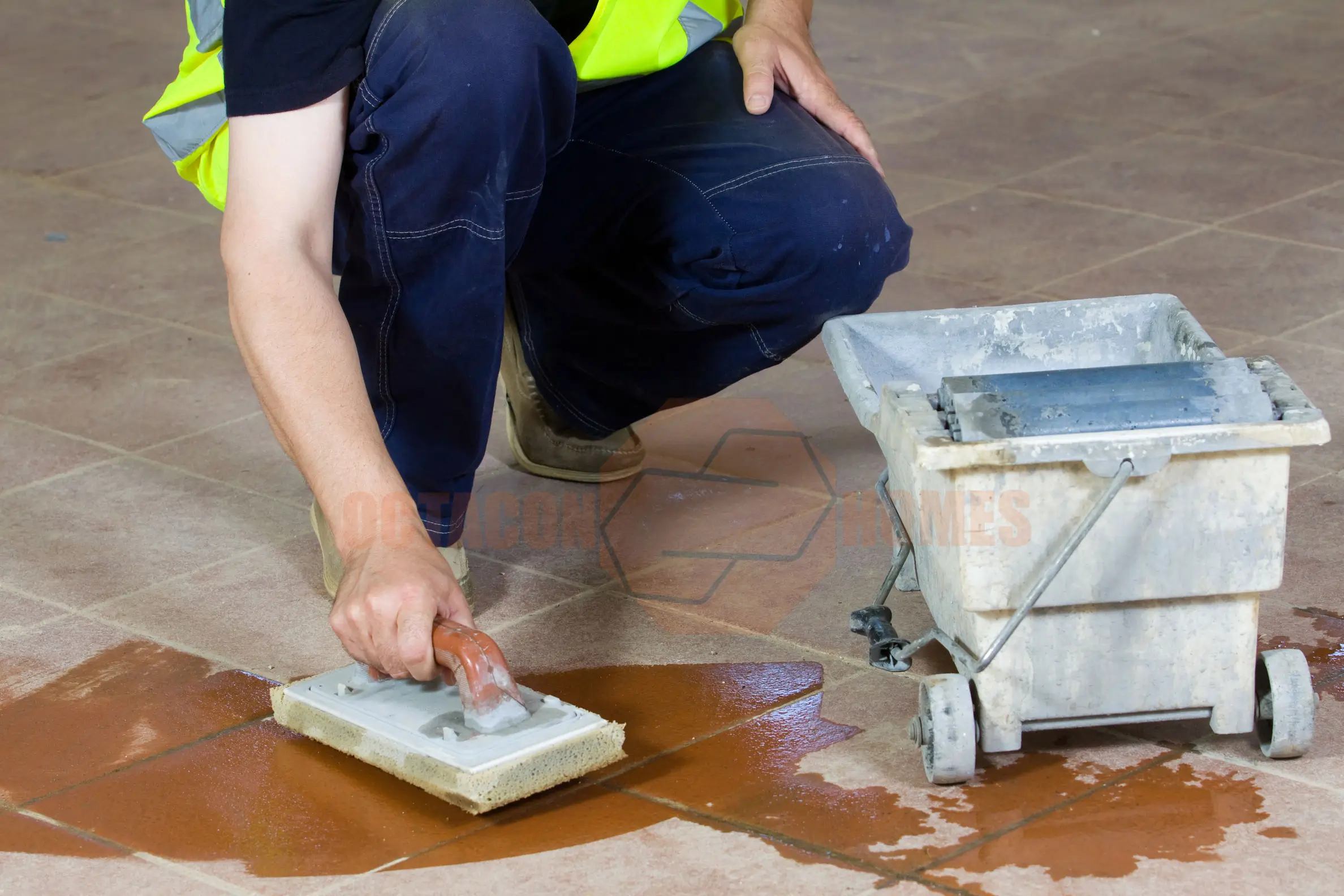 Expert painting and grouting old mosaic tiles during renovation